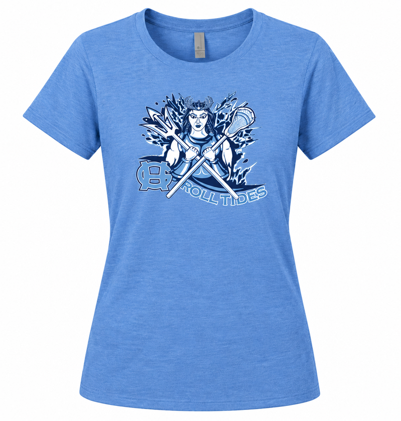 Load image into Gallery viewer, GH Lacrosse Girls Trident Blend Tshirt Heather Columbia Blue with smaller Roll Tides logo
