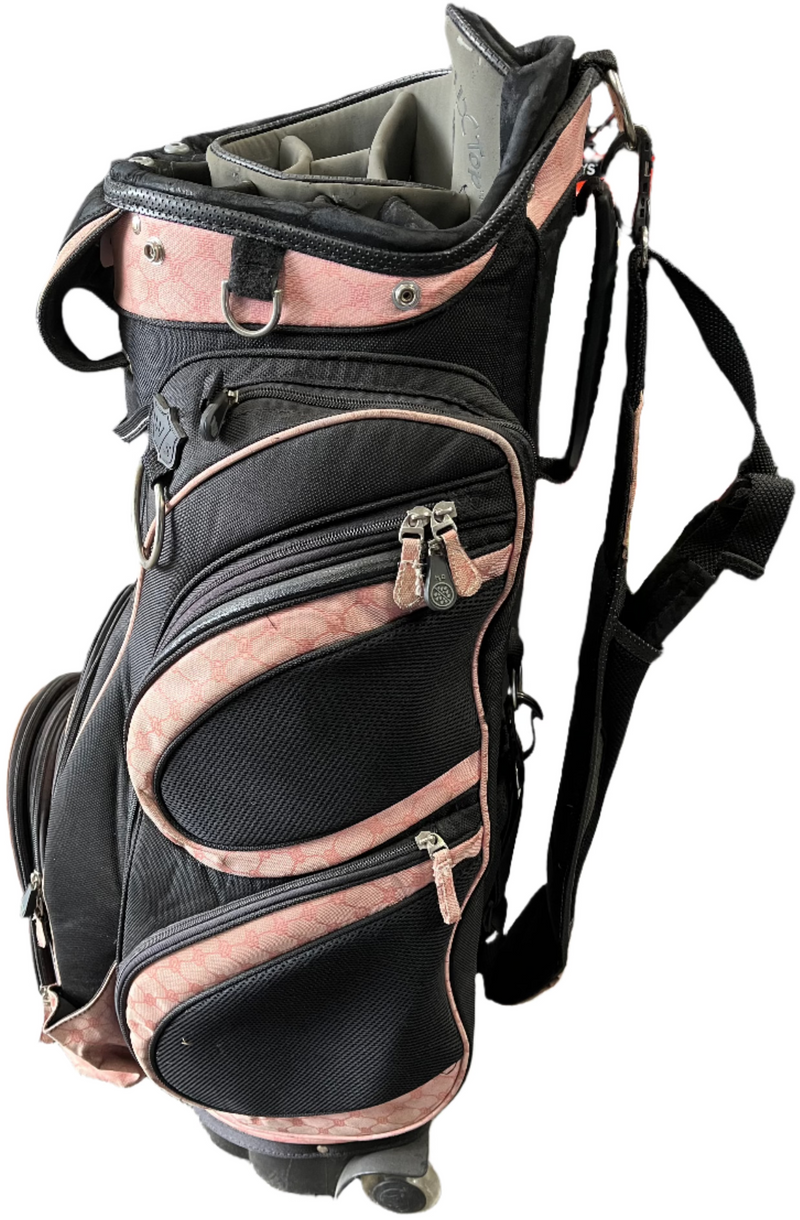 Load image into Gallery viewer, Used Wilson Staff Black/Pink Rolling Golf Bag
