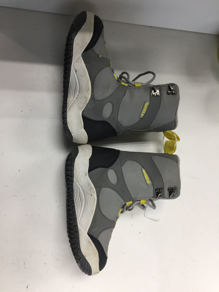 Load image into Gallery viewer, World Industries Grey/Yellow Mens Size Specific 5 Used Snowboard Boots
