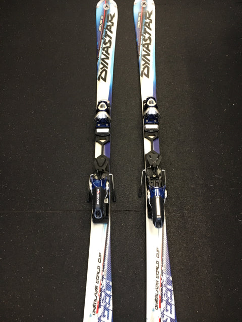 Load image into Gallery viewer, Used Dynastar Omeglass Blue/White Length 165 cm Downhill Skis w/Bindings
