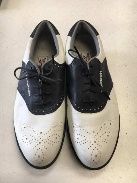 Load image into Gallery viewer, Reebok Metal Spikes White/Navy Size Specific 9 Used Golf Shoes
