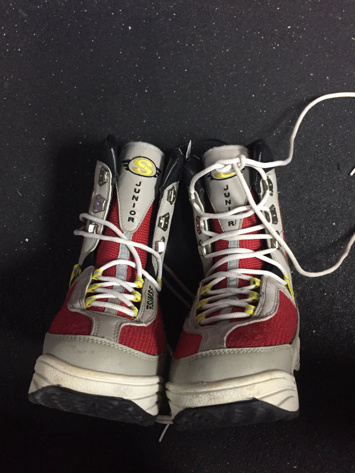 Load image into Gallery viewer, Used Sims Red/Grey/Yellow Junior Size 5 Snowboard Boots
