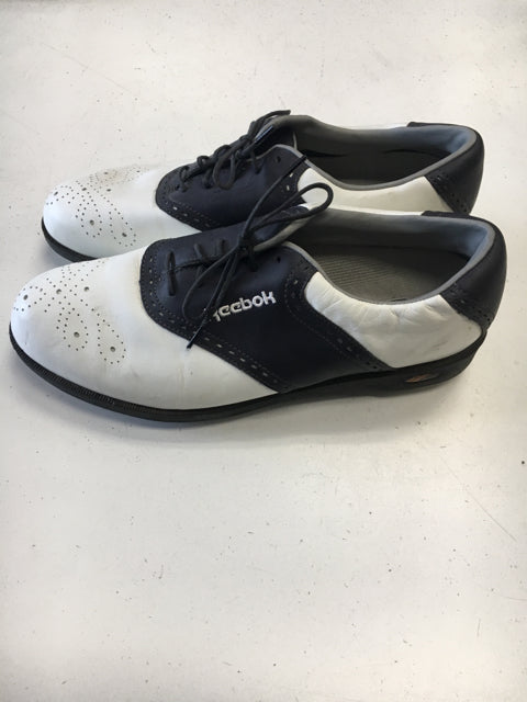 Load image into Gallery viewer, Reebok Metal Spikes White/Navy Size Specific 9 Used Golf Shoes
