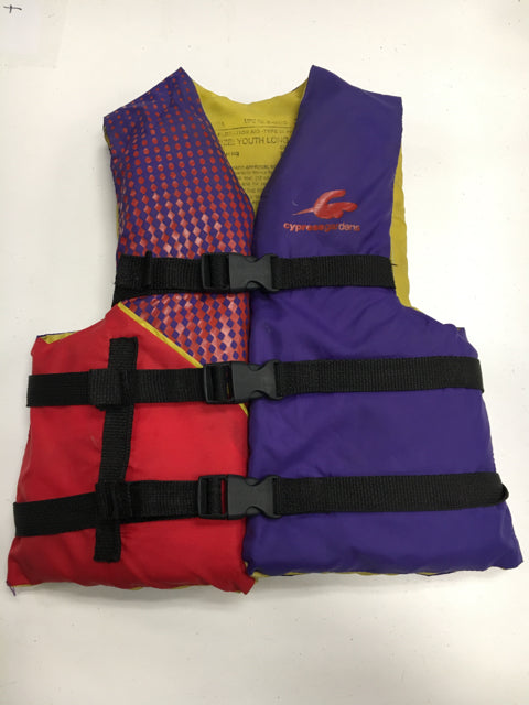 Used Cypress Gardens Red/Purple/Yellow Youth Long 30-50lbs  Life Vest