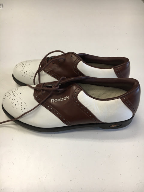 Load image into Gallery viewer, Used Reebok White/Brown Mens Size Specific 7 Golf Shoes
